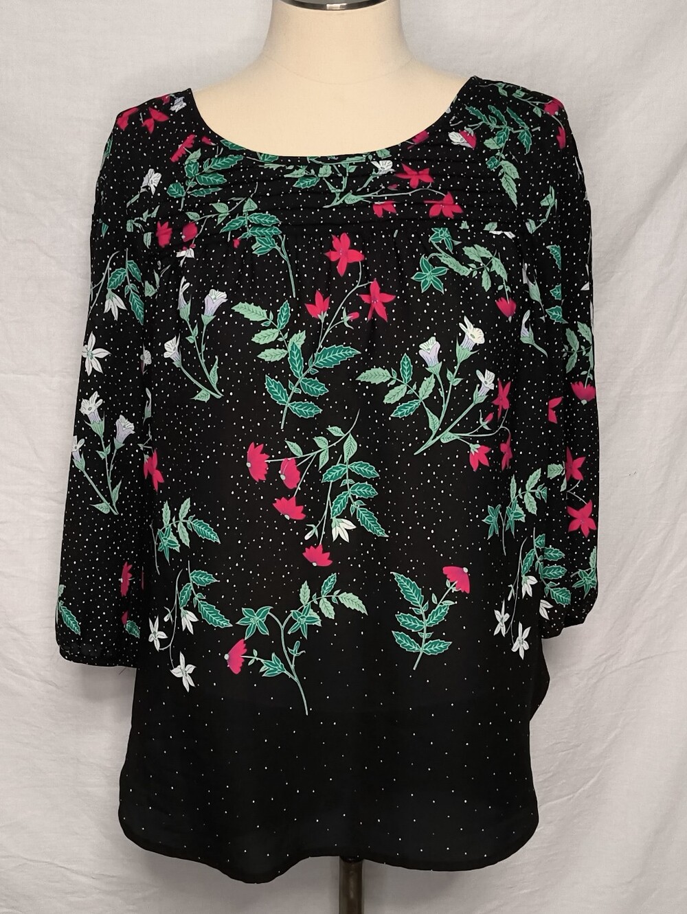 Lauren Conrad Black Floral Scoop-Neck Blouse with Pink & Green Accents
